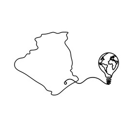 Map of France, Algeria with globe light bulb as line drawing on white background