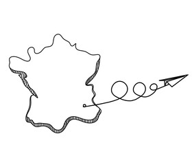 Map of France, Algeria with paper plane light bulb as line drawing on white background