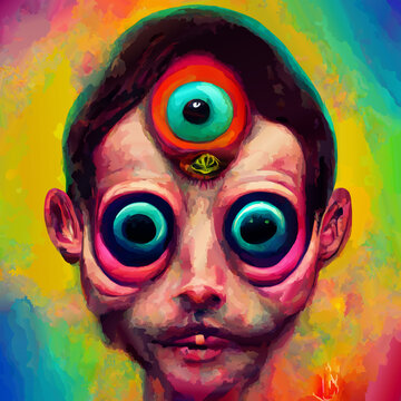 A surreal portrait in bright colors of a man with three eyes. vector illustration