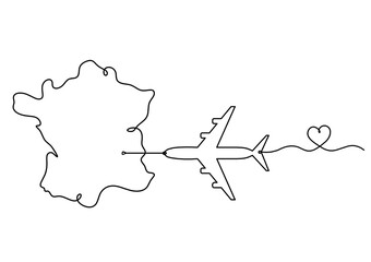 Map of France, Algeria with plane as line drawing on white background © suns07butterfly