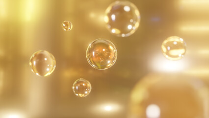 3D rendering Cosmetics Golden Serum bubbles on defocus background. Collagen bubbles Design. Moisturizing Cream and Serum Concept. Vitamin for personal care and beauty concept. 