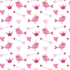 pattern with pink birds, arrows and hearts