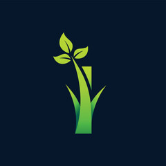 grass and leaf logo, letter I logo with leaf and grass concept
