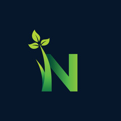grass and leaf letter n logo, n letter leaf with grass