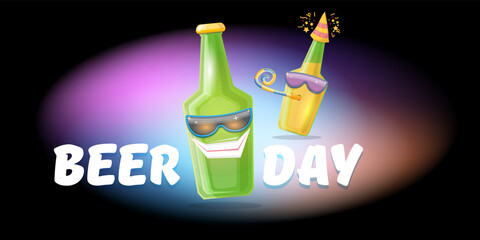 Happy international beer day horizonatal banner with cartoon funny beer bottles friends characters with sunglasses isolated on black background. International beer day cartoon comic poster