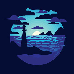 a lighthouse in the night. Romance. Spectacular print. Wall decor.