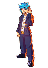 The guy office worker tired yawns, he is drawn in a cartoon anime style, he is standing in a jacket in trousers, in shirts and black shoes, he has blue hair