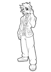 Guy office worker tired yawns, he is drawn in a cartoon style of anime stands in a jacket in trousers, in shirts and black shoes outline drawing coloring book