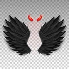Devil horns and black wings isolated on transparent background. Monster, dark angel outfit. Masquerade, carnival costume. Daemon's red glossy horns and realistic wings. Three dimensional vector EPS 10