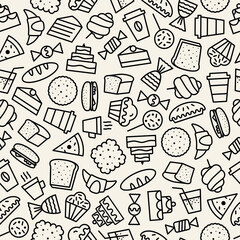 vector hand drawn seamless pattern with sweet, fresh cupcake and dessert icons outline style black color for cafe, restaurant, bakery shop, packaging wrapping paper. Baked background 10 eps