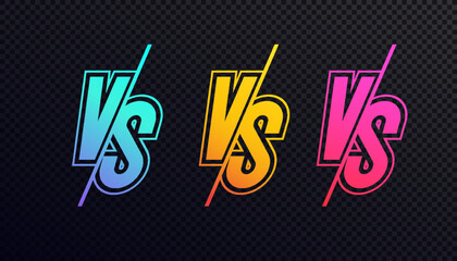 Versus sign set neon style isolated on transparent background for battle, sport, competition, contest, match game, announcement of two fighters. VS icon trendy gradient. Vector 10 eps