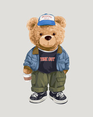Fototapeta na wymiar cute bear doll in denim jacket and cargo pant vector illustration