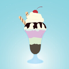 Ice cream in a glass with waffle tubes and cherry