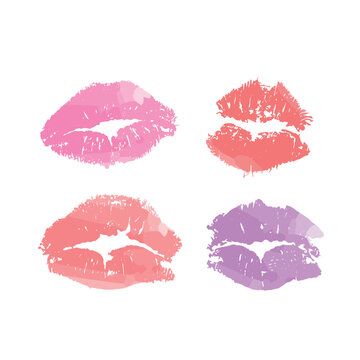 Drawn watercolor lips of different colors, kiss