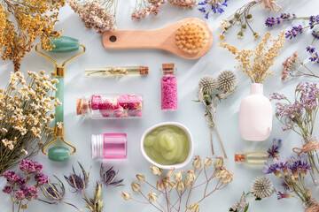 Bio herbal homeopathic medicine spa cosmetic arrangement, handmade cosmetic.