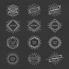 Set of isolated hipster style white frame with sunburst and ribbons. Line labels frames. Vector Illustration