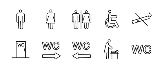 A set of toilet navigation icons. Wayfinding wc female male for disabled and mother and child room. Vector illustration - obrazy, fototapety, plakaty