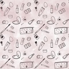Makeup products set. Cosmetics. Hand drawn Illustration