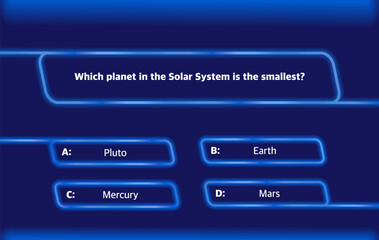 A template of questions and answer options for a quiz on a dark blue neon background. Test, exam, questions for a TV show. Vector illustration of EPS10
