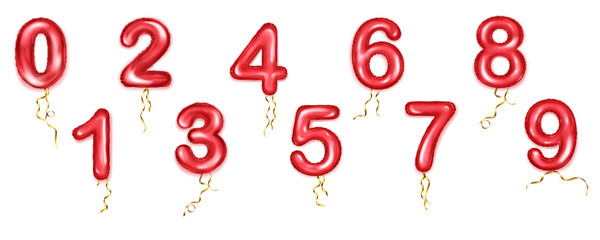 Set of foil red balloons shape of numbers from 0 to 9 with golden ribbons © Olga Moonlight