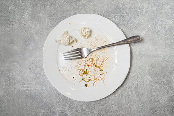 dirty plates after eating with fork and napkin, top view