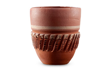 isolated clay cup on white background.