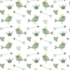 pattern with green birds, arrows and hearts