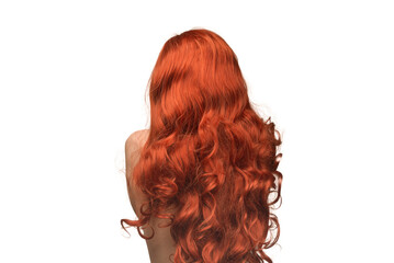 Woman backside, beautiful woman with red curly hair isolated.