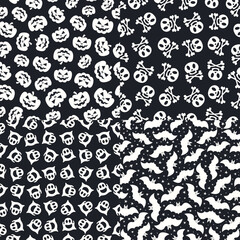 Halloween pattern set white color on black background with bat, ghost, skull, pumpkin for decoration holiday party, poster, greeting card. Vector Illustration