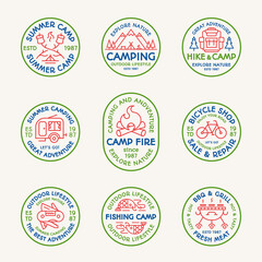 Camping emblem set color line style consisting of camper, mountain, backpack, bicycle, barbecue, grill, trees, tent, fish, fire for tourist symbol, explore logo, travel badge, expedition label