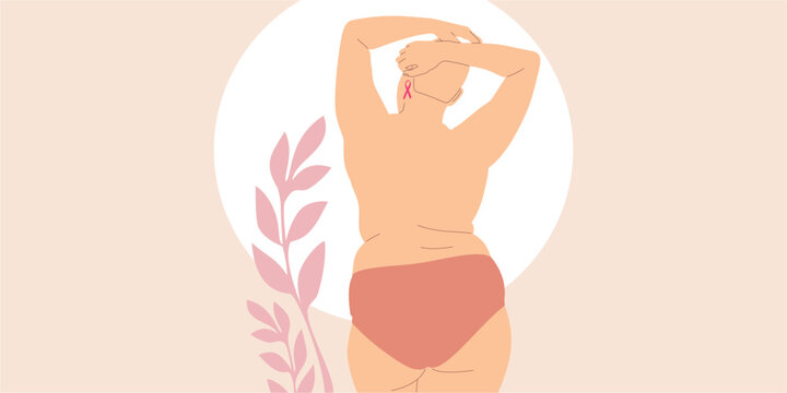 Breast cancer awareness month. Yong topless woman with pink ribbon. Flat vector illustration concept.