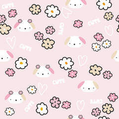 Pink pastel seamless pattern with dogs and flowers. Childish cute print. Vector hand drawn illustration. - 519431044