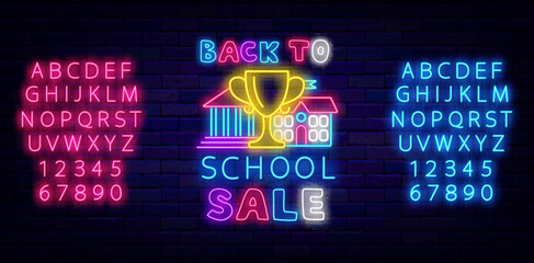 Back to School sale neon label. Cup and university buildings icons. Welcome sign. Vector stock illustration