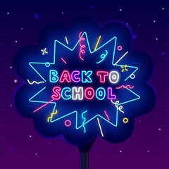 Back to school neon billboard. Shiny street advertising. Confetti explosion frame. Vector stock illustration