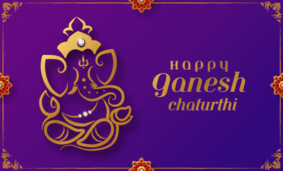 Happy ganesh chaturthi greetings with golden shiny lord ganesha most famous festivals in india with patterned and crystals on paper color background.
