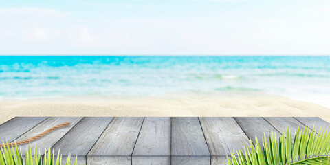 Summer holiday background with wooden deck or flooring, sea, blue sky and white sand
