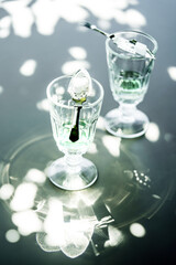 Absinth im Glas mit Würfelzucker und Löffel, Absithe, Zucker, Alkohol, Spirituosen, Rausch, Getränk, grüne Fee, Wermuth, Anis - obrazy, fototapety, plakaty