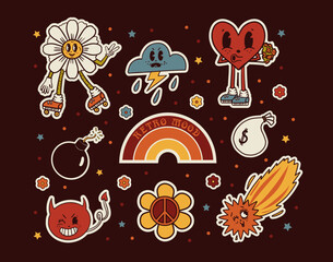 Retro sticker set with characters: chamomile on rollers, peace sign, heart, rainbow, bomb, comet - obrazy, fototapety, plakaty