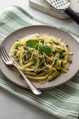 Zucchini courget spaghetti pasta with cheese, clean eating, vegan food, low carb healthy food