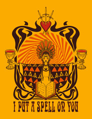 Witch, magic potion, magic girl, retro print in the style of the 70s