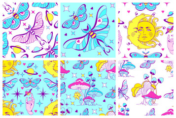 Vibrant crazy pozitive set of seamless patterns with fungi, toadstool, agaric, boho moth and butterflies, sacred celestial crescent moon and sun. Retro vivid mystic backgrounds
