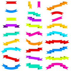 Obraz premium Vector colorful ribbon holiday banner news colorful icon flat set, bright signboard congratulation surprise party decor element, gift label for kids modern label, blank promotional sticker isolated on