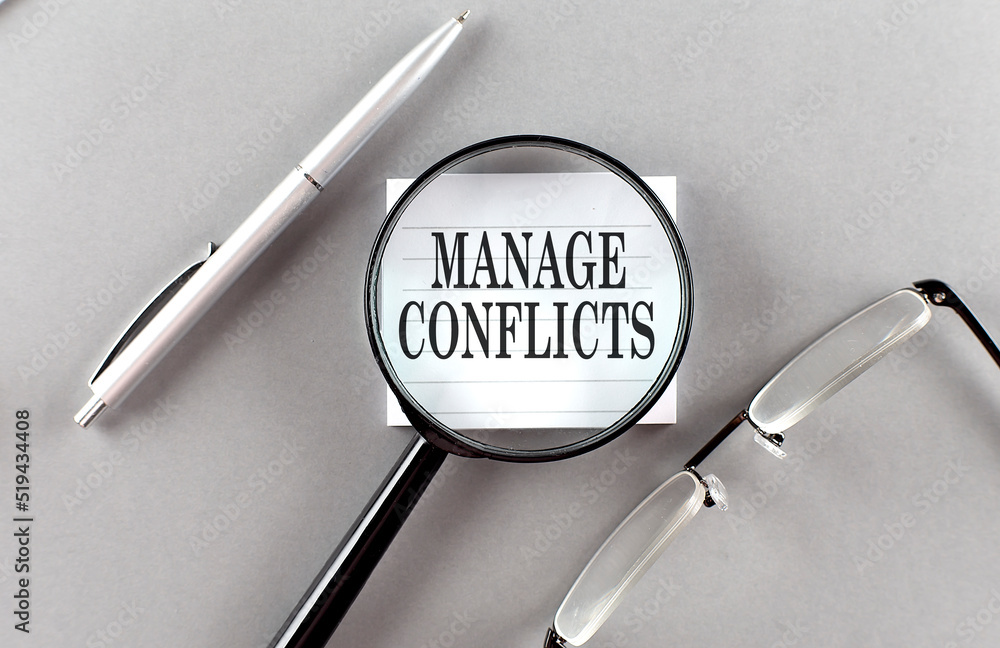 Poster manage conflicts text written on a sticky with pencil and glasses text written on a sticky with penc
