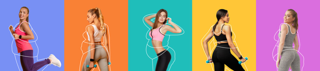 Happy millennial slim european and black women in sportswear with overweight lady drawn around, enjoy workout
