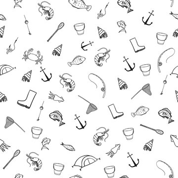 Vector seamless fishing pattern which depicts a fishing rod, fish, landing net, paddle, hook, worm, crab on a white background.