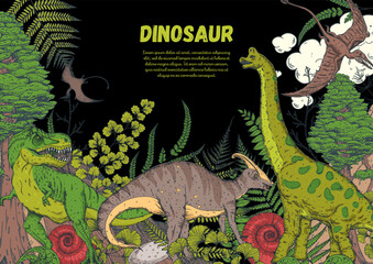 Dinosaurs hand drawn. Vector illustration. Jurassic period. Herbivorous and carnivorous dinosaur. Tropical illustration. © vidimages