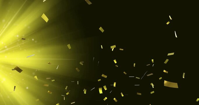 Animation Of Confetti Falling Over Yellow Light On Black Background