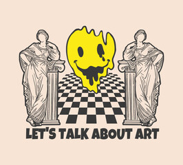 Prihodelic print on a t-shirt with Greek statues and melted smiley. Let's talk about art. ©  Shamanska Kate