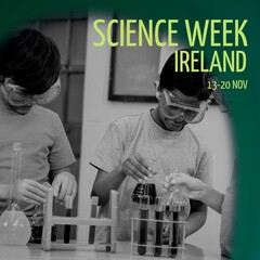 Composition of science week ireland text with diverse schoolchildren holding beakers and test tubes