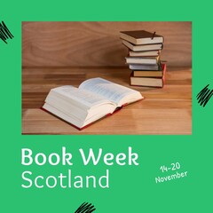 Composition of book week scotland text with books on green background